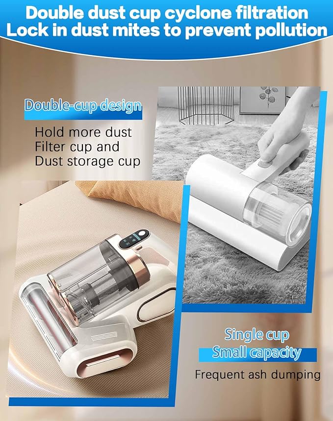 Powerful UV Bed Vacuum Cleaner, Bedroom Guard - Multifunctional Wireless Handheld Mattress Vacuums Cleaners, 13Kpa Heating Cordless Vacuum Cleaner Handheld for Bed, Sofa & Carpet (White)