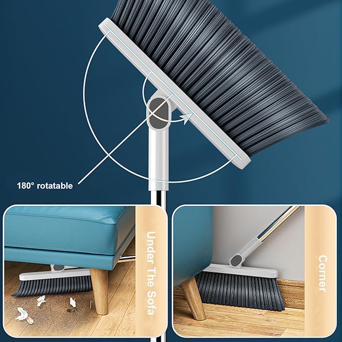 Broom and Dustpan Set, Long Adjustable Handle Indoor Sweeping Brooms, 180° Rotating Broom with Standing Storage and Scraping Teeth Dustpan to Clean Hair for Home Kitchen