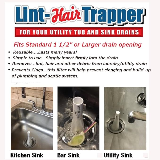 Lint Hair Trapper for filtering Washing Machine Utility Tub and Sink drains-reusable and customizable with built-in overflow guard. Traps Lint, hair and debris from drains, replaces all Mesh filters