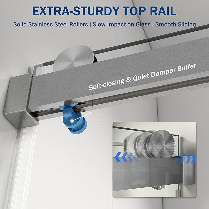 Abruzzo 76" Frameless Shower Door Single Sliding - 1/4" Tempered Glass Soft Close, Brushed Nickel, Adjustable 56-60" Width