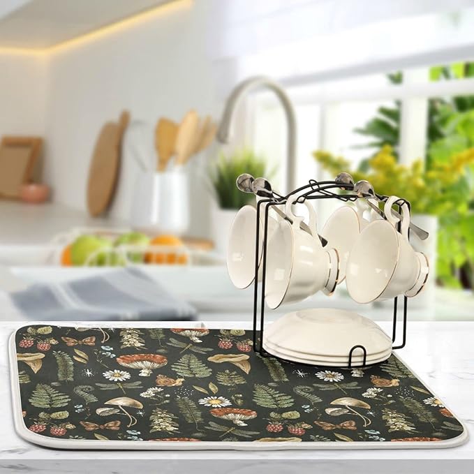 Mushroom Fern Leaves Berry Dish Drying Mat for Kitchen Counter Vintage Botanical Nature Drying Mats Super Absorbent Reversible Microfiber Kitchen Countertop Protector Dishes Pad Medium 16x18 inch