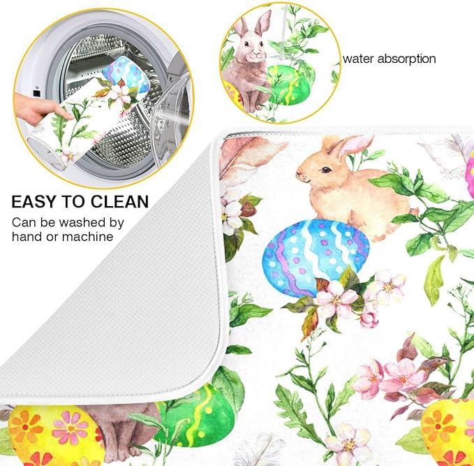 Happy Easter Day Bunny Dish Drying Mat for Kitchen Easter Eggs Peeps Spring Flowers Microfiber Drying Mats Absorbent Reversible Dish Pad Large Dish Draining Mat 18x24 inch