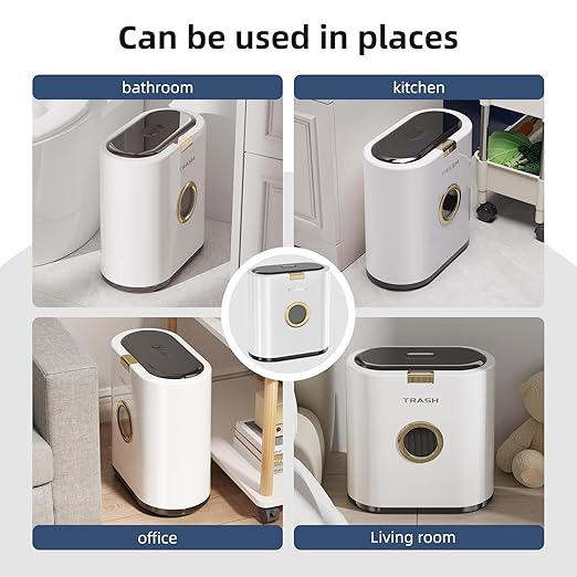 Bathroom Small Trash can with lid, 3.4 gallon/13 Liter Ultra-Thin Plastic Trash can, Press flip lid Sealed, Suitable for Kitchen, Bedroom, Office, Laundry Room, Toilet, RV (White)