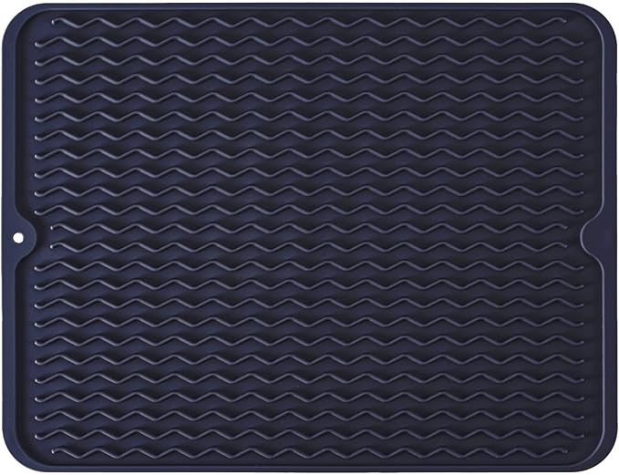 Large 24" x 18" Silicone Dish Drying Mat for Kitchen Counter, Easy clean, Quick Dry, Heat-resistant Dish Drainer Mat for Sink,Refrigerator or Drawer liner (Food Grade Silicone-Dark Blue)