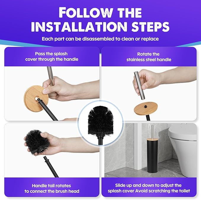 Compact Toilet Brush & Holder,SetStainless Steel Handle Toilet Brush,Deep Cleaning,Durable Nylon Bristles,Splash-Proof Design(White&Black)