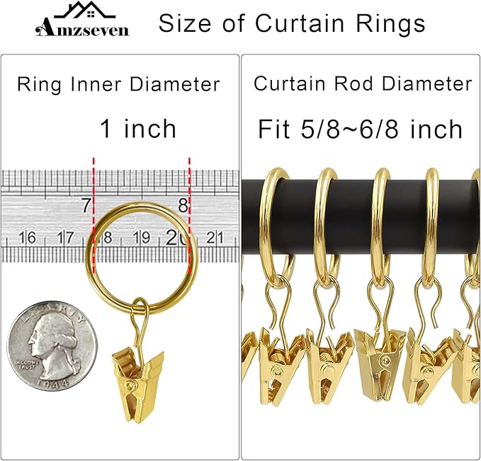 100 Pack Metal Curtain Rings with Clips, Drapery Clips with Rings, Drapes Rings 1 inch Inner Diameter, Fits Diameter 5/8 inch Curtain Rods, Gold Color