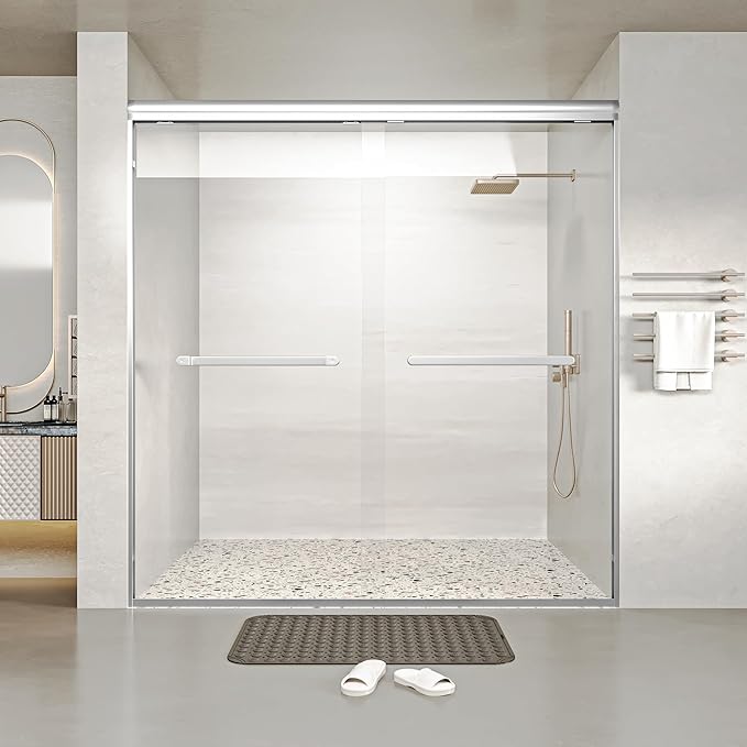 56-60x60 Inch Semi-Frameless Double Sliding Shower Door with Anti-Rust SGCC Steel Frame,1/4 Inch (6mm) Clear Tempered Glass for Walk-in Shower,Silvery