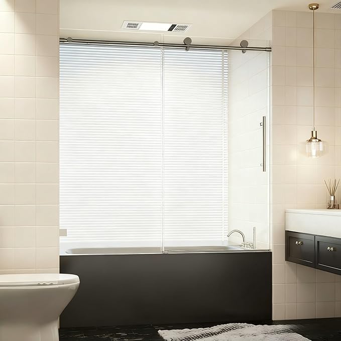 56-60" W x 60" H Bathroom Frameless Tub Sliding Shower Door, Soft-Close Bathtub Single Sliding Shower Doors with 5/16" (8mm) Clear SGCC Tempered Glass, Reversible Installation, Matte Black