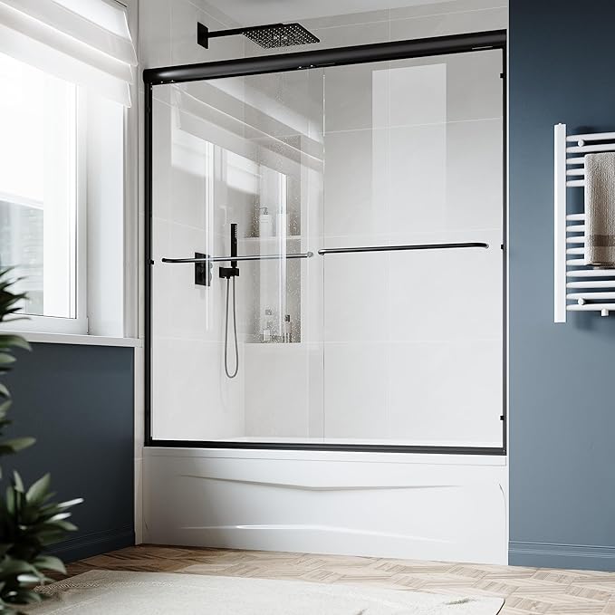 SUNNY SHOWER Double Sliding Glass Door 60" W x 62" H Shower Door 1/4" Tempered Glass Sliding Door Semi-Frameless Shower Glass Enclosure Bypass Walk in Shower Cabin, Matte Black