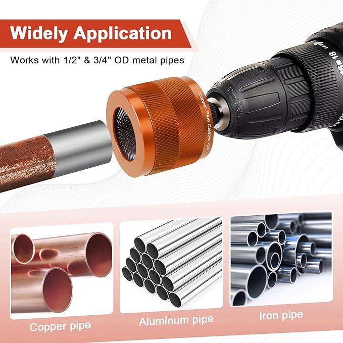 1/2" & 3/4" Copper Pipe Cleaner Set for Drill, with 1/4" Hex Shank & 6 Brush Blades & 2 Pipe Cleaning Brush, Plumbing Tools for Removing Rust, Stains & Paint from Copper & Metal Pipes, Orange