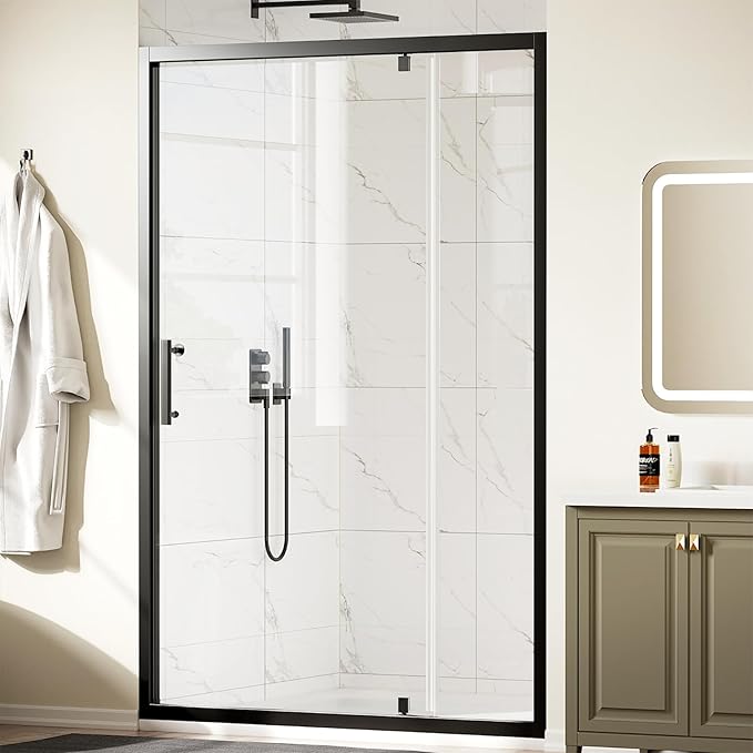 WinZo 47-48" W ×72" H Pivot Shower Door, 1/4"(6mm) SGCC Clear Tempered Glass Shower Door with Explosion Film, Nano Easy-Clean Coating, Reversible Installation, Matte Black