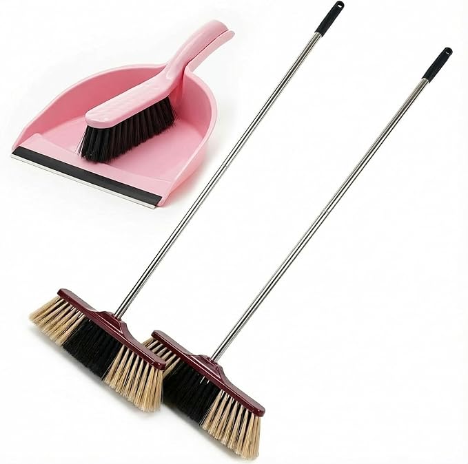 HELOMOR Indoor Broom with Dustpan Combo Set, Long Handle Floor Sweeping Broom for Kitchen, Garage, Office, Bathroom, Wood & Parquet Floors (2 Pack)