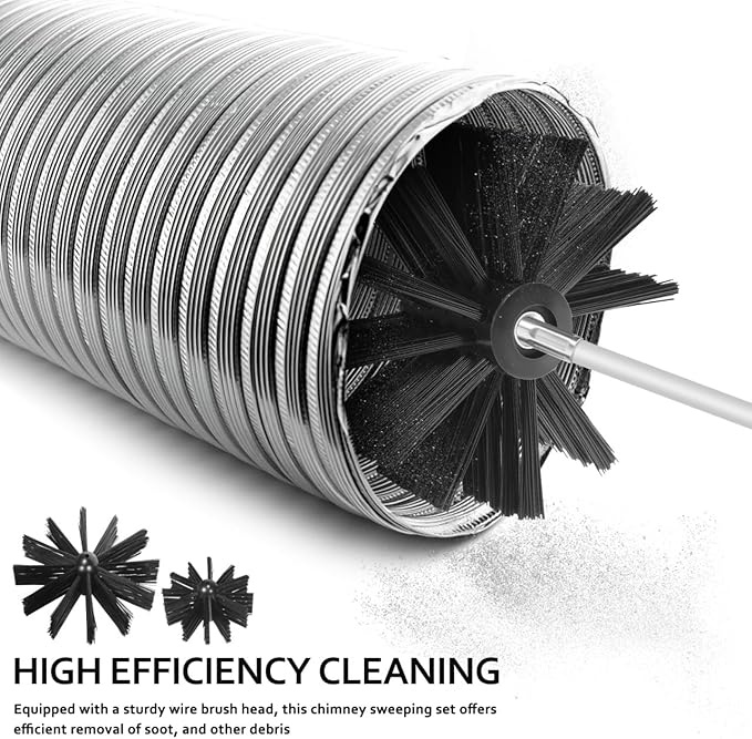 20feet Chimney Sweep Kit with 15 Flexible Rods, Dual Brush Heads (3. 9" & 5. 9") for Efficient Fireplace & Stove Pipe Cleaning, Professional Grade Soot Remover for DIY Home Maintenance