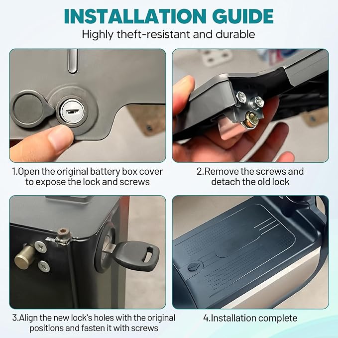 Universal Battery Box Lock for Electric Vehicles - Anti-Theft Metal Replacement Lock with 2 Keys, Fits E-Bike, Electrombile & Motorcycle