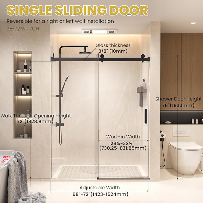 Shower Door 68–72 in W x 76 in H, Matte Black, 3/8" Tempered Glass Panel with Soft-Close Buffer, Reversible Single Frameless Sliding, Modern Bathroom Glass Shower