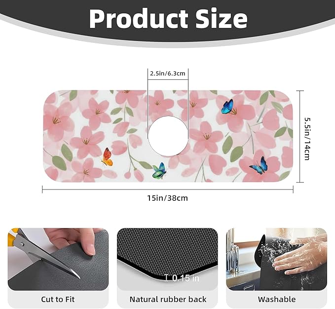 Flowers Black Cat Butterfly Dish Drying Mat for Kitchen Counter, 18"x24" Microfiber Absorbent Fast Dry Mat, 2Pcs Dish Mat Faucet Mats Sets, Large Drying Kitchen Mat Kitchen Drying Pad Coffee Bar Decor