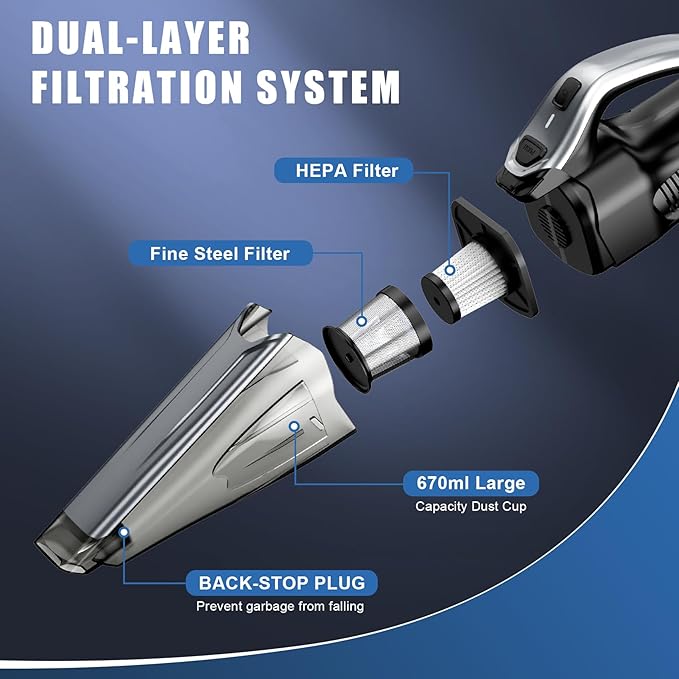 Car Vacuum Handheld Vacuum Cordless with Powerful Suction, Type-C Charge, 2 Suction Modes, 6-in-1 Portable Mini Vacuum for Home, Car, Office Desk, Keyboards