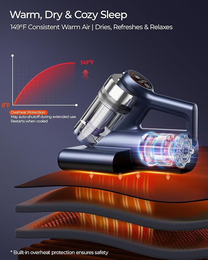 Upgrade Cordless Mattress Vacuum with 18kPa Ultra-Deep Suction, 2-Speed Bed Vacuum with 33000 RPM/Min Roller Brush, 253.7nm UV-C Light & LED Display, HEPA, 149℉ Heat, Aroma & Anion for Bed Sofa