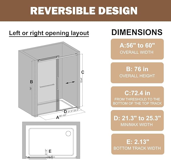 Frameless Sliding Shower Door 56–60" W x 76" H, 5/16" Tempered Glass with Dual-Sided Easy to Clean Coating, Shower Glass Door with SUS304 Stainless Steel Hardware & 20" Towel Rack, Brushed Gold