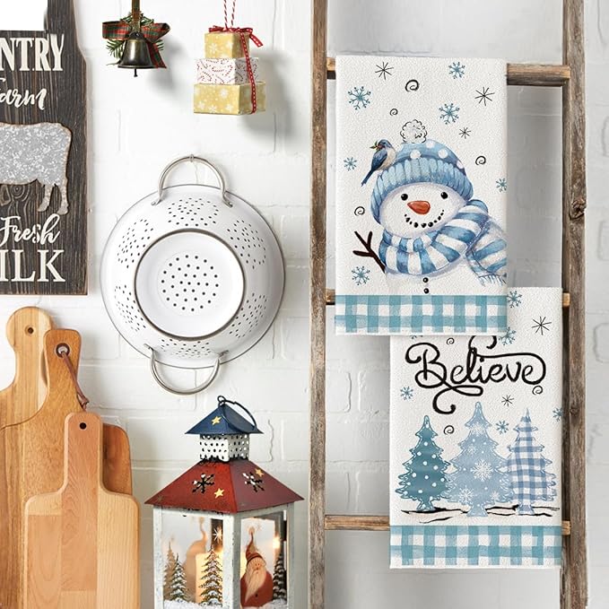 Artoid Mode Beige Blue Xmas Tree Snowman Christmas Kitchen Towels Dish Towels, 18x26 Inch Holiday Bird Believe Winter Decoration Hand Towels Set of 2