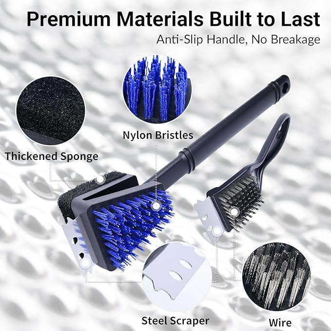 Nylon Grill Brush No Wire Bristle Barbecue Brush Grill Cleaning Kit, Safe Grill Scraper Brush for Outdoor Grill Cleaner with Hole, BBQ Brush Accessories Clean Cool Grates, Gift for Men/Dad 2-Piece Set