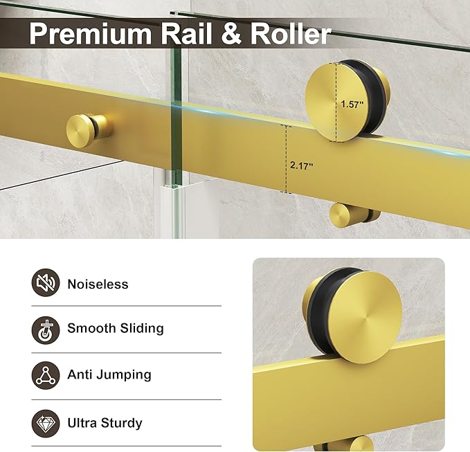 Frameless Shower Door,Single Sliding Glass Shower Door with Nano Coating & Safety Film, Adjustable 43"-48" W x 72" H, Brushed Gold,1/4" (6mm) SGCC Tempered Glass