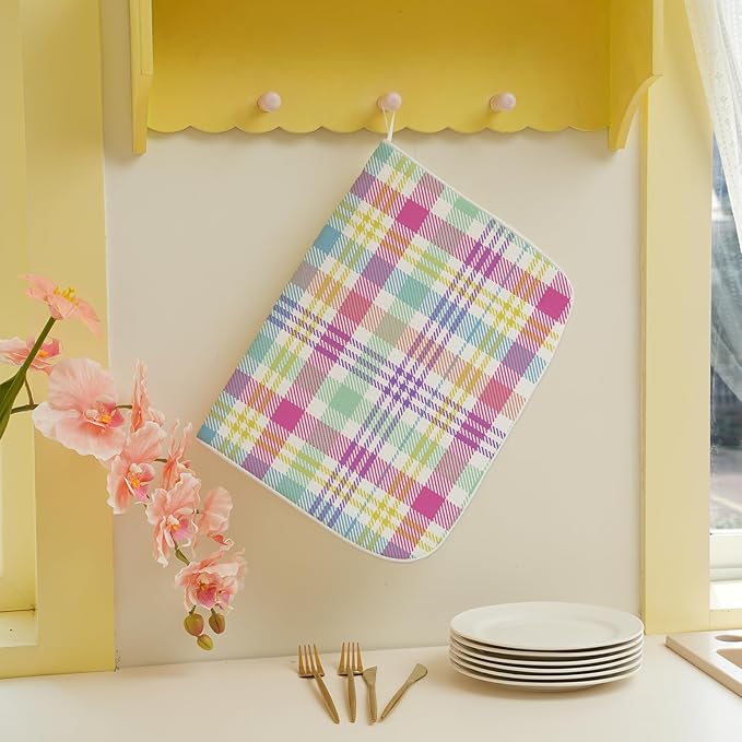 Easter Checkered Dish Drying Mats 18x24 Inch Colorful Buffalo Plaid Drying Mats Gingham Spring Holiday Seasonal Dish Drying Pad Dish Rack Drainer Mats for Kitchen Dining Room Counter Decor