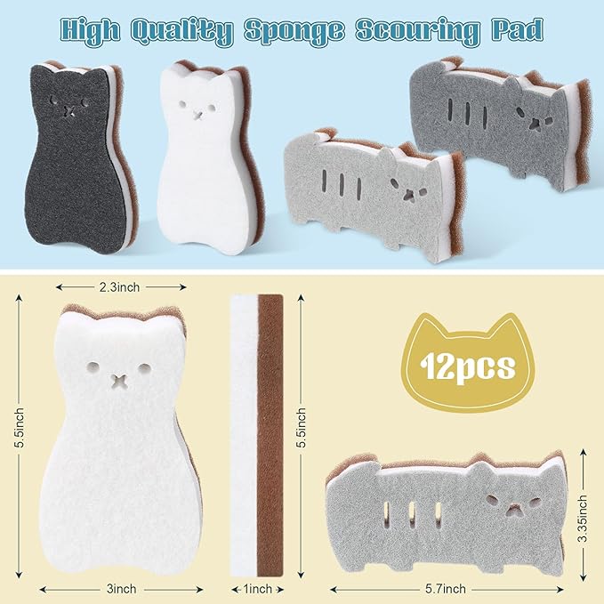 12 Pcs Cat Kitchen Sponges for Dishes Double Sided Cleaning Dish Scrub Sponge Bulk Reusable Non Scratch Scrubbers for House Cleaning Dishwashing(Cat,Colorful)