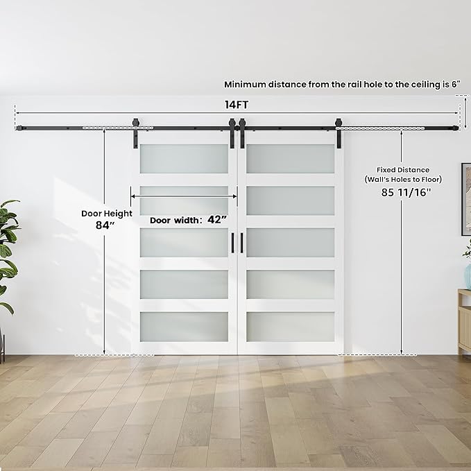 SmartStandard 84 x 84 in (Double 42×84 Door) Glass Barn Door with 14FT Sliding Hardware Kit & Handle, Pre-Drilled Ready to Assemble, Waterproof PVC Coating, 5-Panel Glass, White