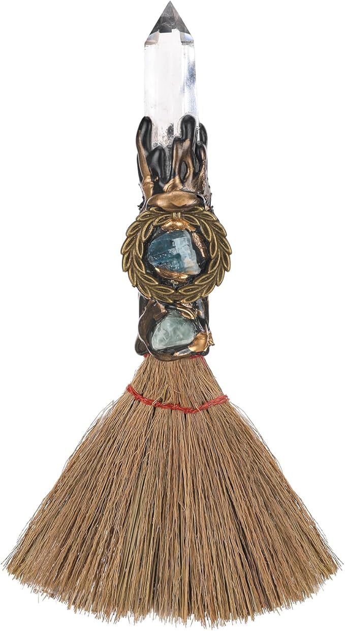 Witch Crystal Altar Broom - Natural Crystal Magic Broom for Wiccan Décor Halloween Costume Handmade 8 Inches Mini Witches Broomstick with White Crystal Stone for Cleansing Healing Feng Shui