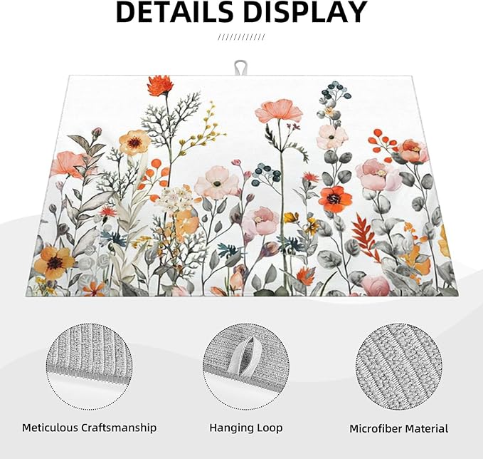 Colorful Wildflowers Dish Drying Mat 18x24 inches Microfiber Absorbent Fast Dry Mat for Kitchen Counter Coffee Bar Floral Large Drying Mat Kitchen Decor Gifts (Wildflowers, 18x24 inches)