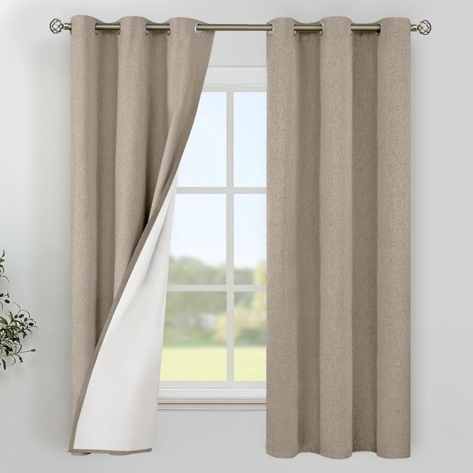 YoungsTex Taupe Linen Blackout Curtains for Bedroom 63 Inch Length, Thermal Insulated Full Room Darkening Window Drapes Heat Blocking for Living Room, 2 Panels, 38 X 63 Inch