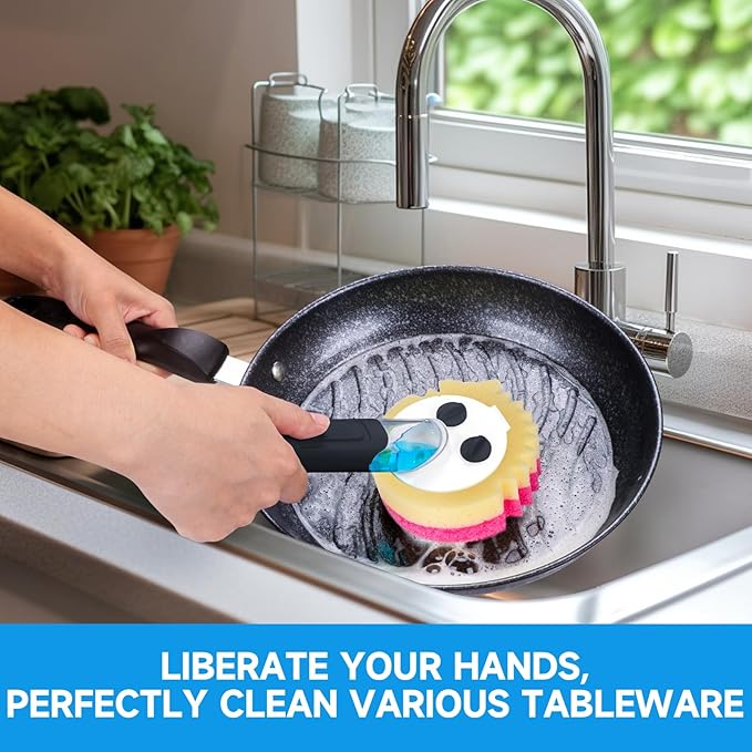 Smile Sponge Dish Wand Holder for Round Smiley Face Sponge Soap Dispensing Handle Upgraded Design, Black