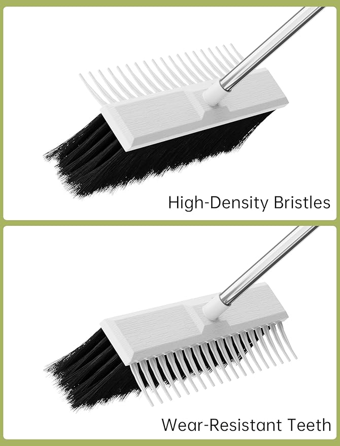 NiHome Outdoor Push Broom with Garden Rake, 2-in-1 16-Inch Dual-Sided Head for Lawn and Hard Surfaces, 63-Inch Adjustable Stainless Steel Handle, Heavy-Duty Yard Cleaning Tool