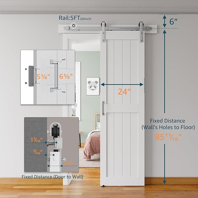 24''x84'' Sliding Barn Door with 5 Ft Brushed Nickel Hardware Kit& Handle& Floor Guides,Pre-Drilled Holes Easy Assembly - Include Installation Manual, Water-Proof PVC Surface, H-Frame