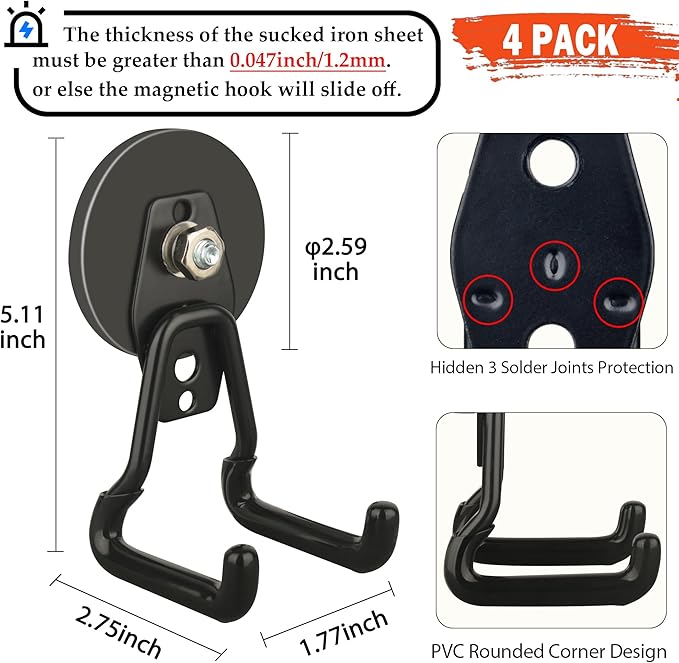 ULIBERMAGNET Upgraded Large Magnetic Hooks,Strong Heavy Duty Magnet Hooks for Power Drill,Broom,Garden Tools, Pegboard, Garage, Workshop, Hardware, 4 Pack Magnet Storage Holder for Hanging(Black)