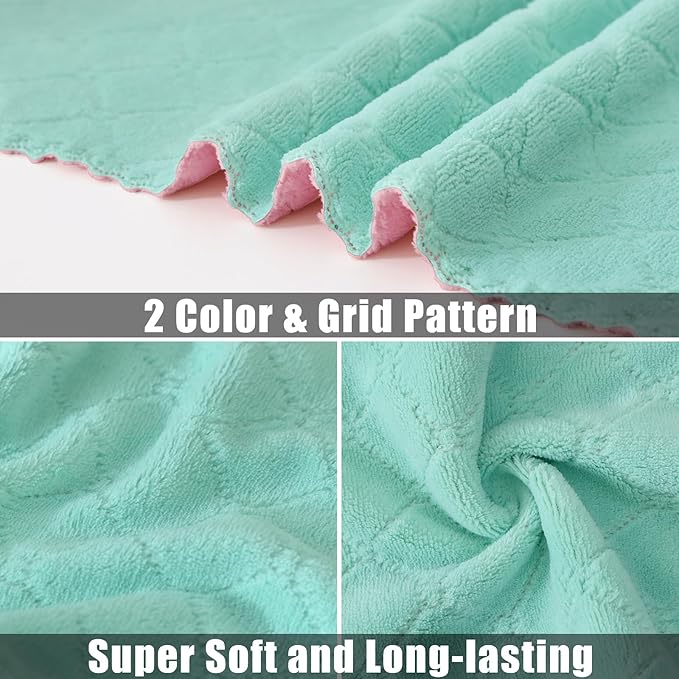 Mordimy 24 Pack Kitchen Cloths Dish Towels (10" x 10", Green & Pink), Super Soft and Absorbent Dish Cloths, Coral Velvet Microfiber Cleaning Cloth, Nonstick Oil Fast Dry Dishcloths