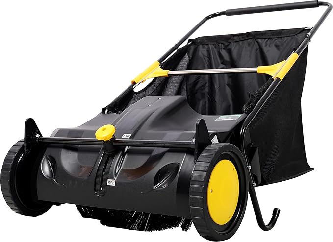 21 Inch Lawn Sweeper Push Hand Powered for Leaves, Grass Clippings & Yard Debris, 4 High-Speed Brushes & Large 7 cu ft Hopper Bag | Adjustable Height, ABS+Steel Frame (21 Inch Black)