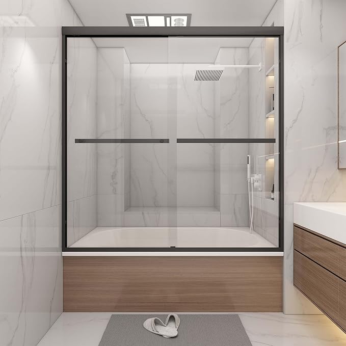Tub Shower Door 56-60" W x 60" H,Matte Black Bathtub Door with 1/4"(6mm) Tempered Glass,Bathtub Shower Door Easy to Clean