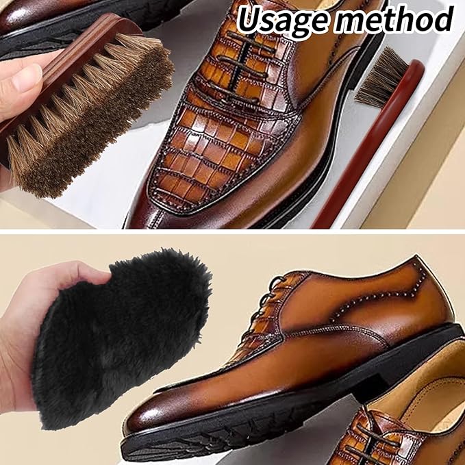 3 Pcs Shoe Brush Kit, Premium Horsehair Shoe Brush with Shoe Polishing Glove for Leather, Professional Boot Brush Shoe Polish Kit for Cleaning (3, Brown)