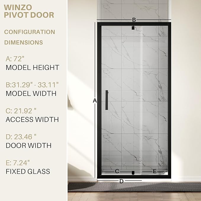 WinZo 31-32" W ×72" H Small Pivot Shower Door with Frame, 1/4"(6mm) SGCC Clear Glass Shower Door, Nano Easy-Clean Coating, Reversible Installation, Matte Black