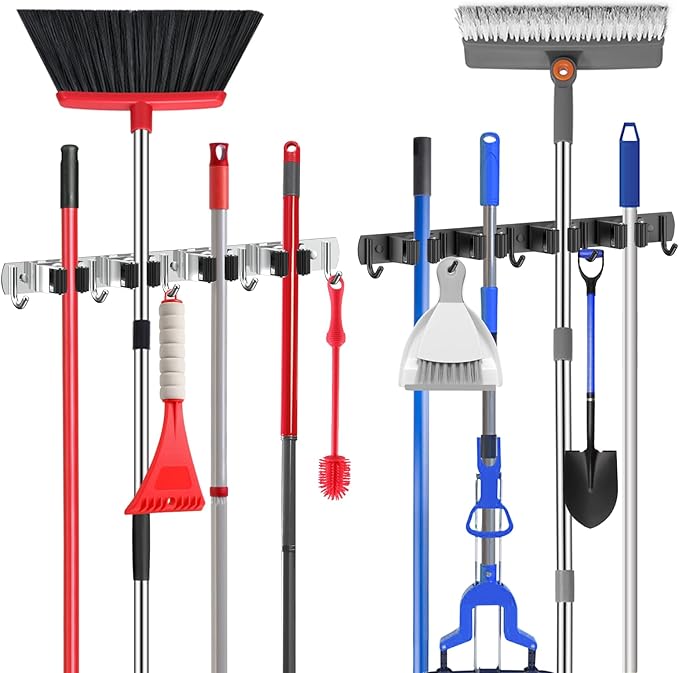 nacena Broom holder Wall Mount, 2-Pack Stainless Steel Self-Adhesive Mop and Broom Hooks Heavy Duty Broom and Mop Storage Rack laundry room organization Garage Organizer for Kitchen Garden garage