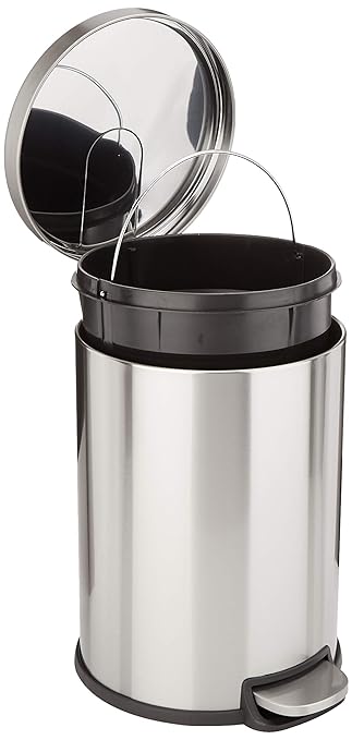 Amazon Basics Round Cylindrical Trash Can with Soft-Close Lid, Foot Pedal, Removable Inner Bucket, Smudge Resistant, 20 l/5.3 gallon, Brushed Stainless Steel