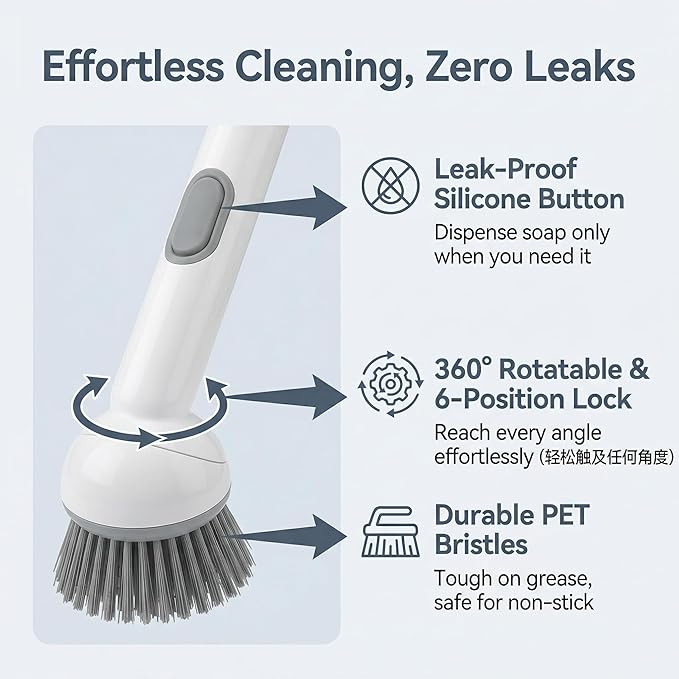 Soap Dispensing Dish Brush Set with 6 Adjustable Angles, No-Leak Kitchen Scrub Brush with Holder & Silicone Scraper, Heavy Duty Dish Wand for Pots, Pans, Sink & Countertop