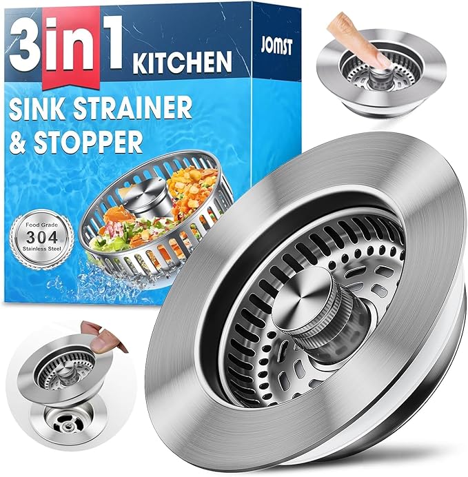 3-in-1 Stainless Steel Kitchen Sink Drain Strainer, JOMST Kitchen Gadget – Fast Drain, Water-Saving Stopper & Odor Blocker， Fits Standard 3.5″ Sink Drains