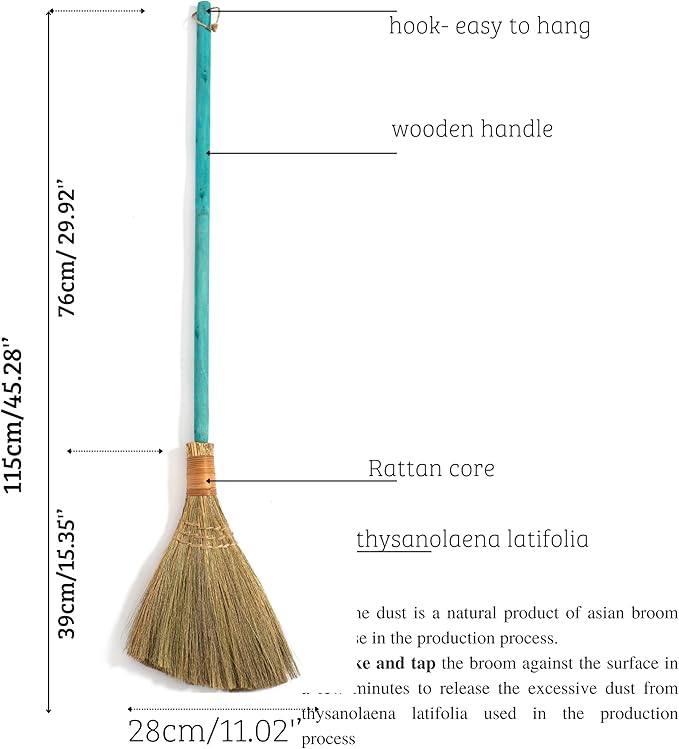 Vietnamese Straw Soft Broom - Sweeping Broom with Green Wooden Handle for Cleaning, Decoration, Wedding with 45.28inch Length