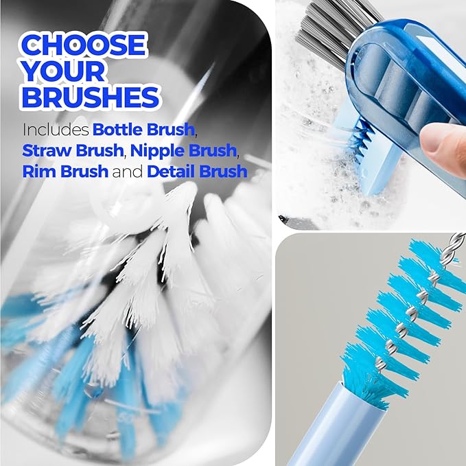 Holikme 6 Pack Brush Set, 14" Long Handle Stainless Steel Cleaner, 3 Straw Brushes, 4-in-1 Cleaning Brush for Water and Baby Bottles, Straws - Aqua