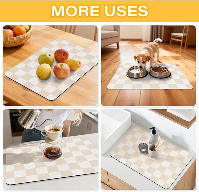 Checkered Dish Drying Mat for Kitchen Counter Coffee Mat Bar Accessories,Fit Uder Pot, Dish Rack,Hide Stain,Absorbent Easy Clean (Beige, 19" x 12")