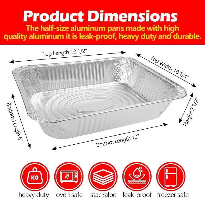 9x13 Aluminum Foil Pans with Lid, 30 Pack Disposable Trays Half Size Heavy Duty Tin Pans Deep Food Containers For Cooking, Meal Prep, Baking, Roasting, Chafing, Heating or Steam Table