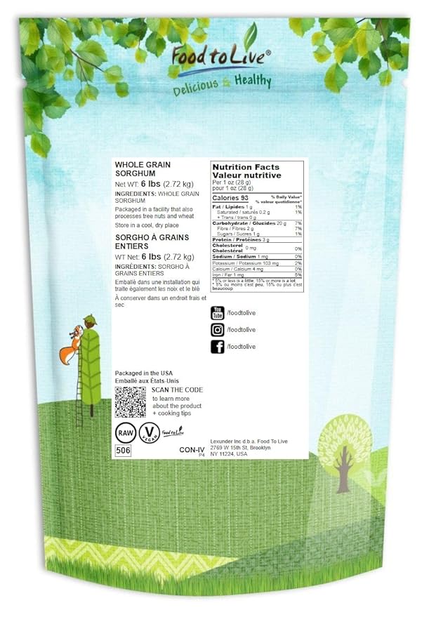 Food to Live Italian White Whole Grain Sorghum, 6 Pounds – Premium White Groats. Raw Milo Seeds. Vegan, Bulk Broom-corn. Durra is Great for Making Flour and Popped Jowar Dhani